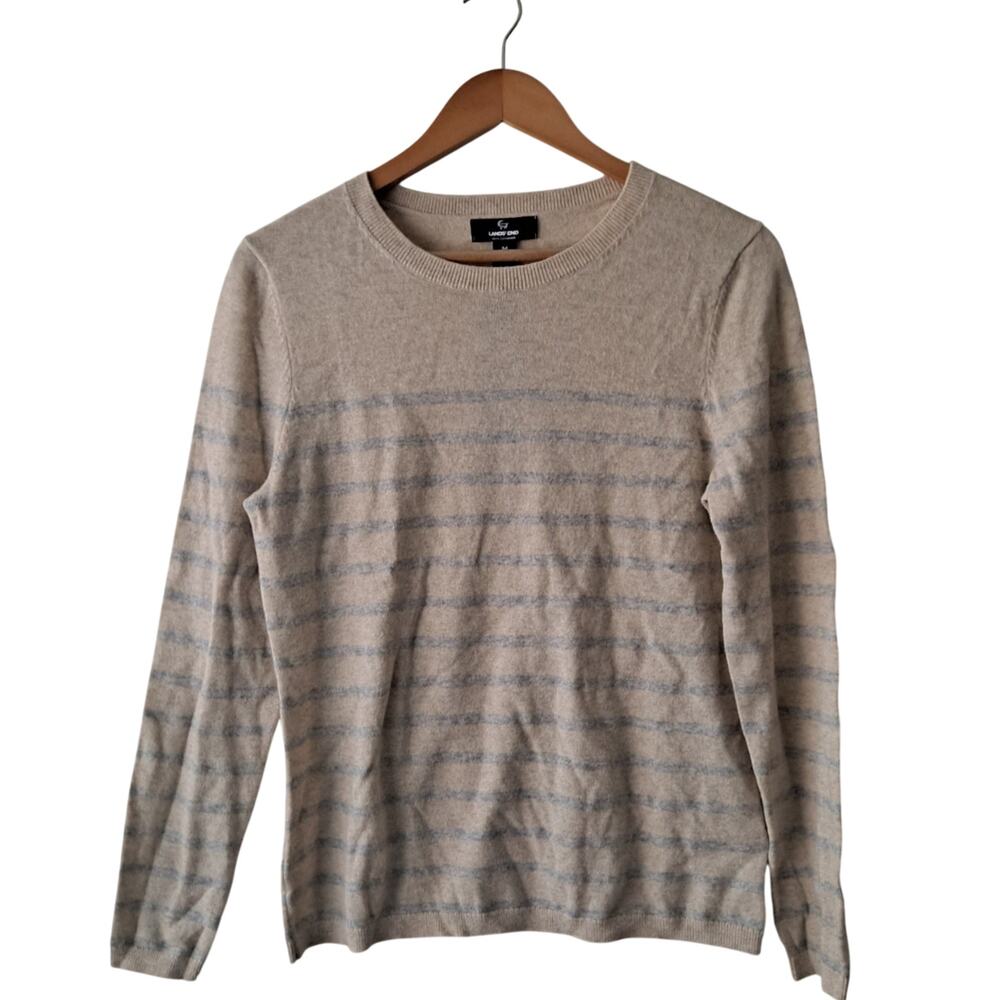 NWT Lands' End Sandshell Stripe Cashmere Sweater Tan & Gray Women's Size L 14-16 - Picture 1 of 11